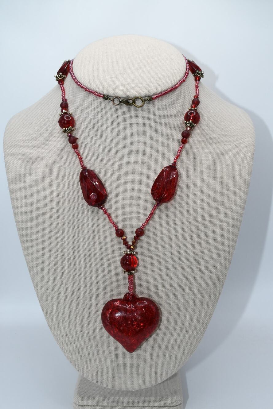 Vintage Red Lucite Heart Necklace 28” Glass Seed Beads Statement